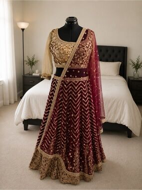 Ethnic Indian Wear Maroon and Gold Lehenga
